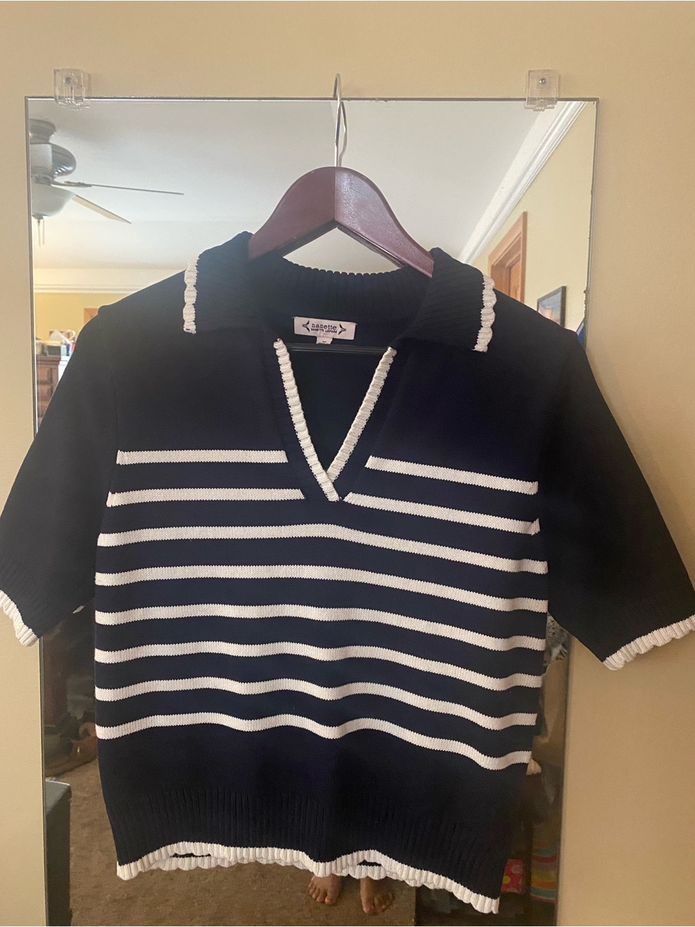 Nanette Lepore Navy & White V‑Neck Stripe Knit Sweater